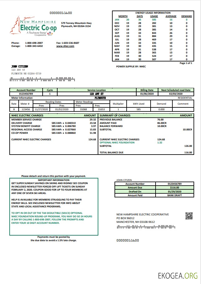 USA New Hampshire Electric Co op electricity utility bill template in Word and PDF format